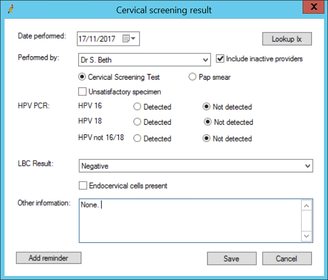 Cervical screening result screen