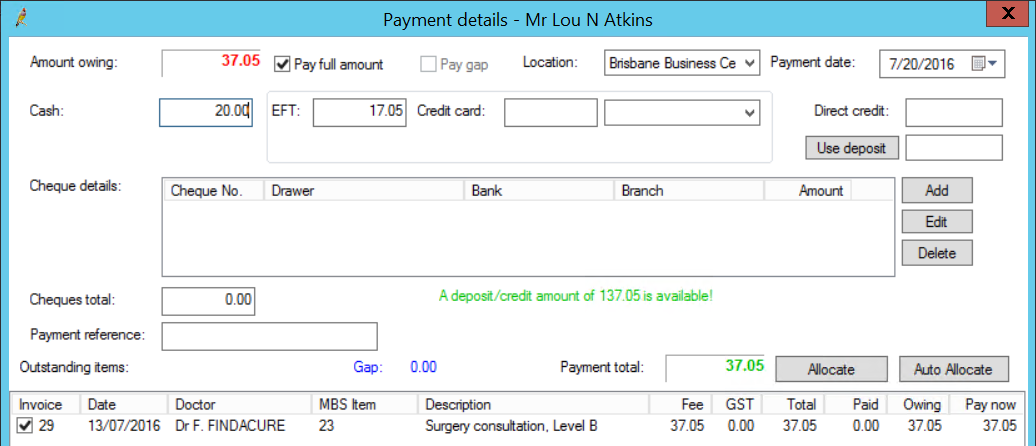 Payment details for split payments