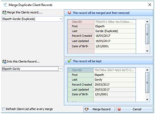 Merge duplicate client records