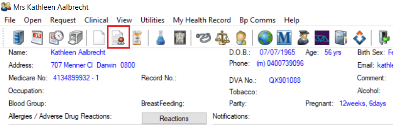 The medical certificate icon in the patient record