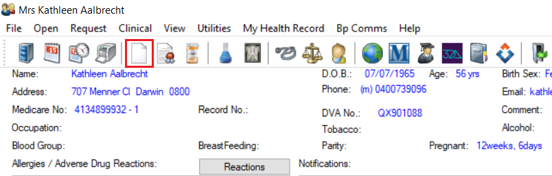 The word processor icon in the patient record