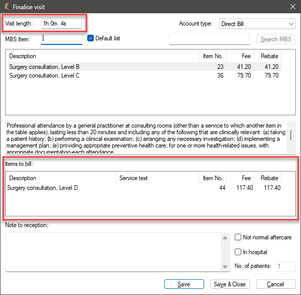 Image shows Level E Consultation Items failing to auto populate in the finalise visit window.