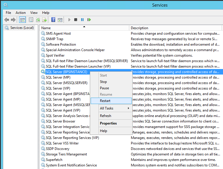 Restart SQL Server instance of Bp Premier