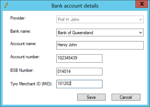 Bank account details Tyro for providers