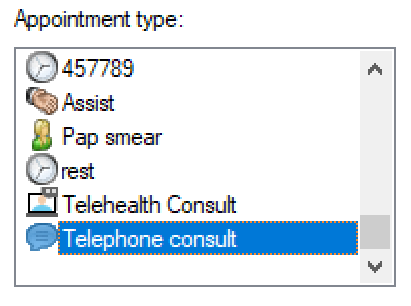 Appointment Type Options for telehealth consults