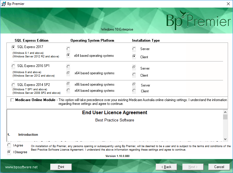 Select Client Database and Medicare Module screen