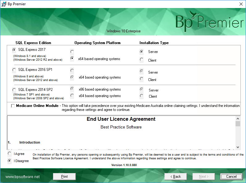 Select Database and Medicare Module screen