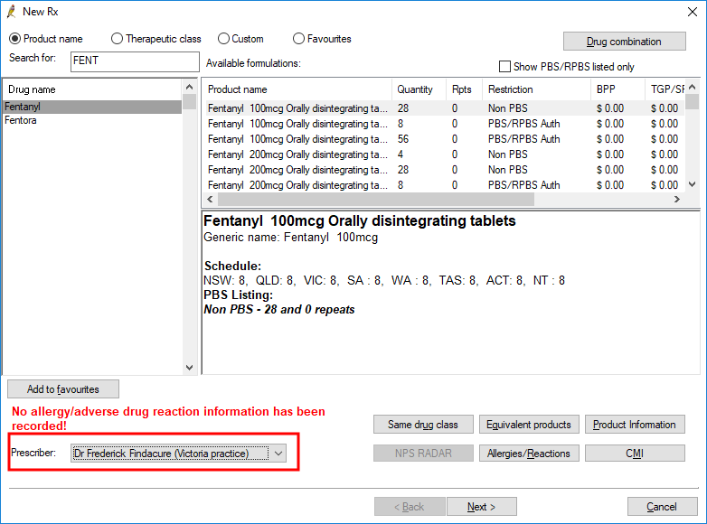 New Rx Prescriber dropdown