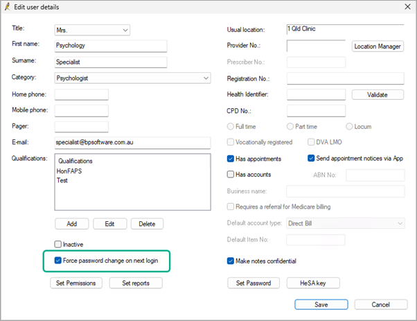 Bp Premier Edit user details screen force password change on next login