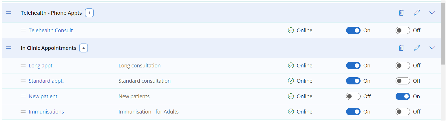 Appointment categories as viewed when using Premier Online Services