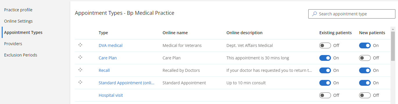 List of appointment types to configure