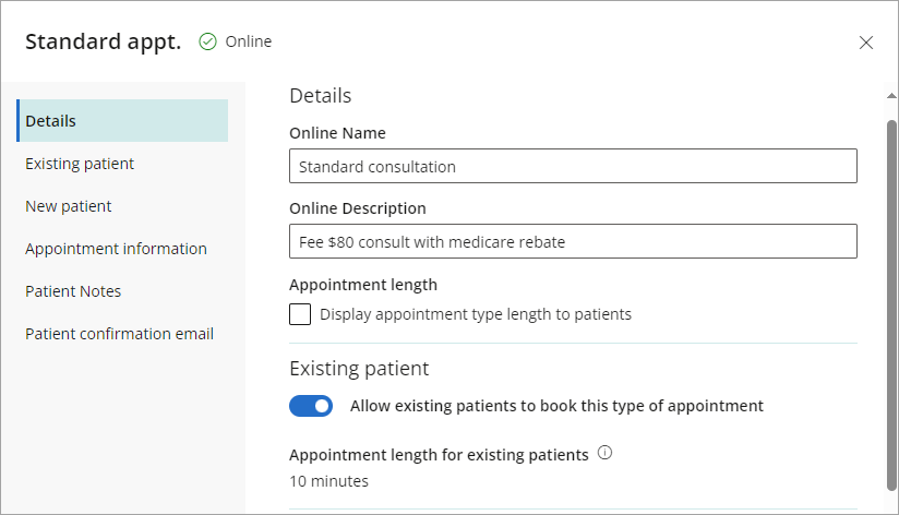 Set Available Online to yes to allow patients to book this appointment type.