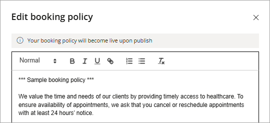 Create a booking policy that is shown to patients before the book an appointment online