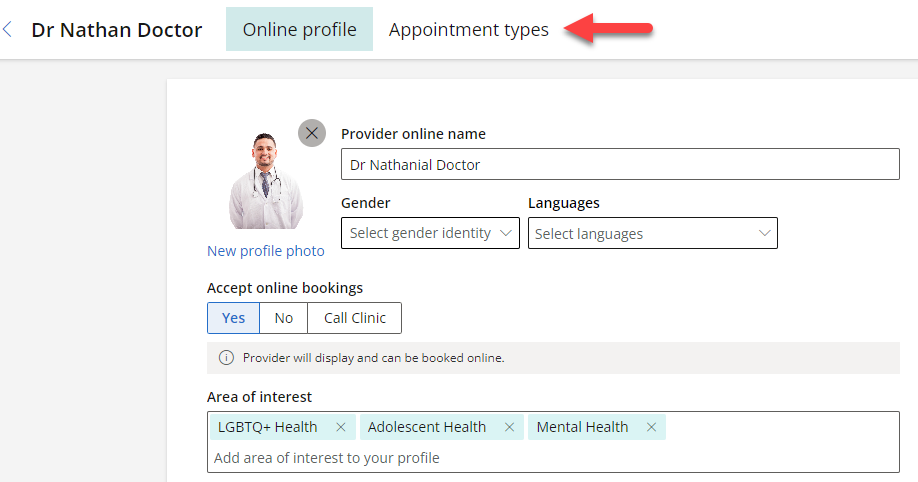 Tick the appointment types that can be booked for this provider