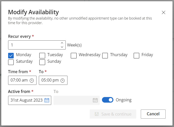 Change the availability of this provider for the current appointment type.