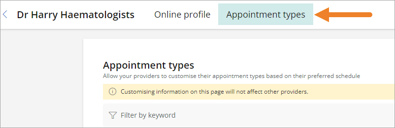 A screenshot of the Appointment Types selection being made after selecting a provider