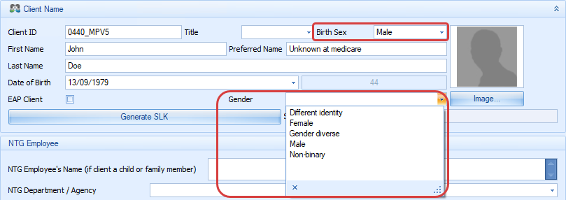 Birth Sex and Gender fields in the Client Details screen.