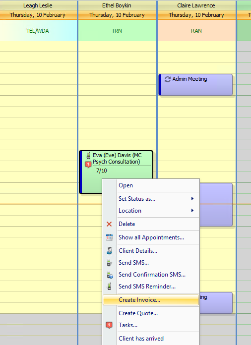 Rght-click the appointment and select Create Invoice
