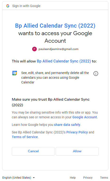 Google Calender Allow Access