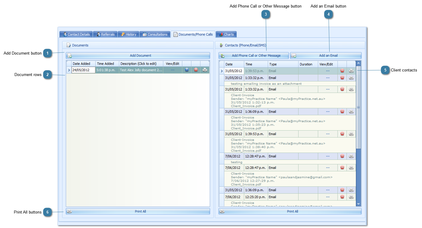 Opening a Document, Email or Phone Call on a client record