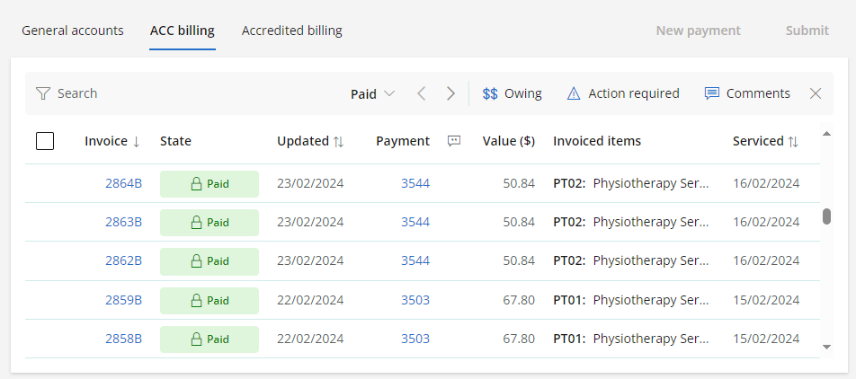 ACC paid invoices