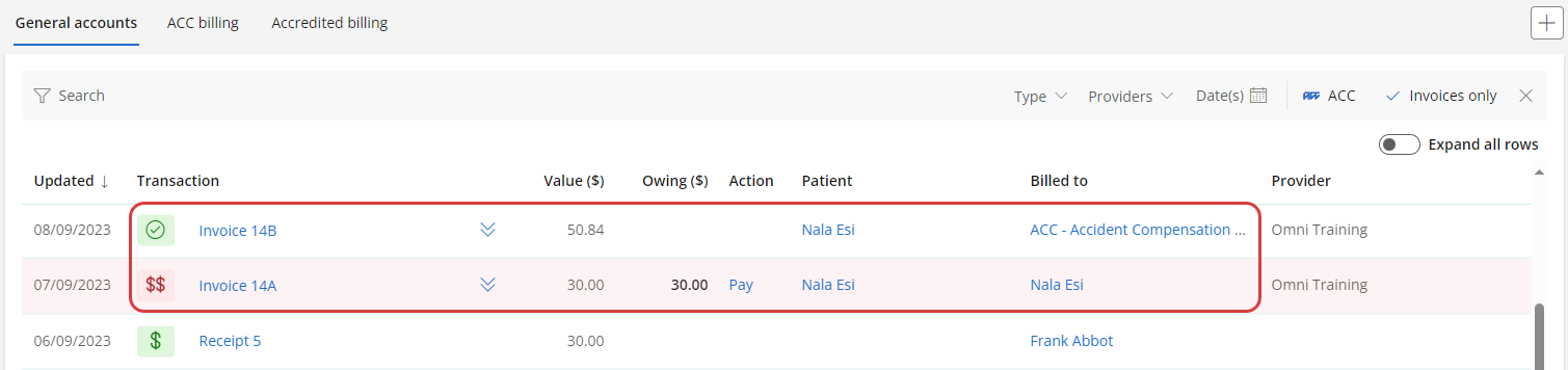 General Accounts ACC Invoice A and B