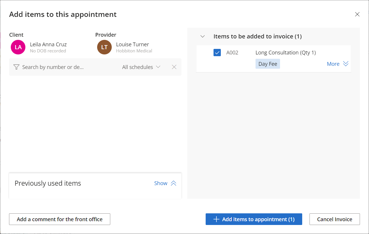 Use the Add items to this appointment screen to add items to send to the front office for billing.