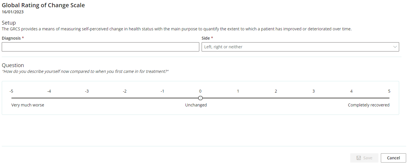 The Global Rating of Change Scale (or GRCS) screen in the clinical record.