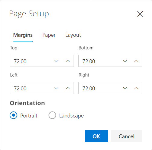 The page setup screen includes options for margins, paper and layout.