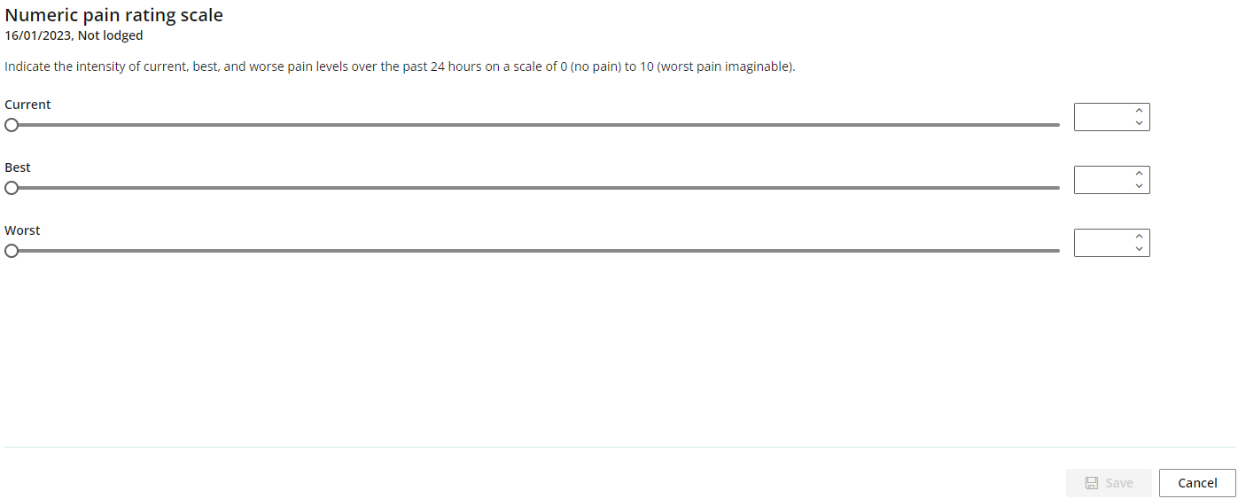 The Numeric pain rating scale (or NPRS) screen in the patient record.