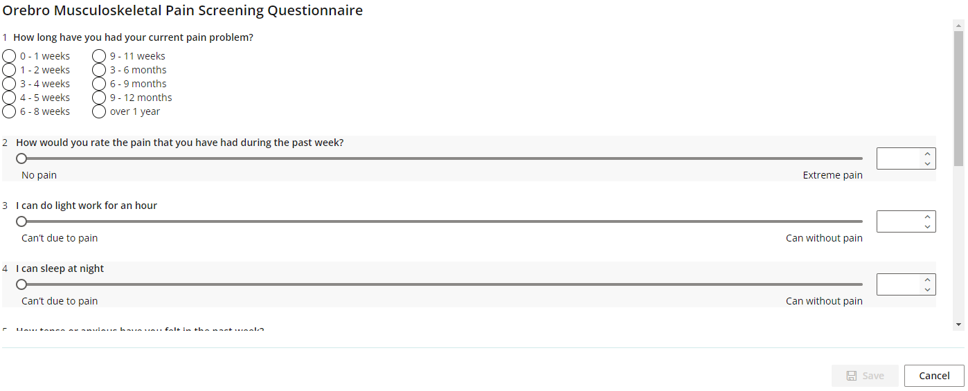 The Orebro Musculoskeletal Pain Screening Questionnaire screen in the clinical record.