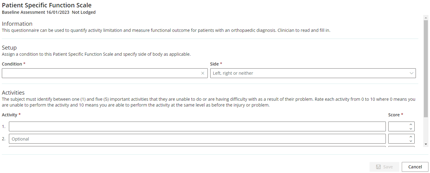 The Patient Specific Function Scale (or PSFS) screen in the clinical record.