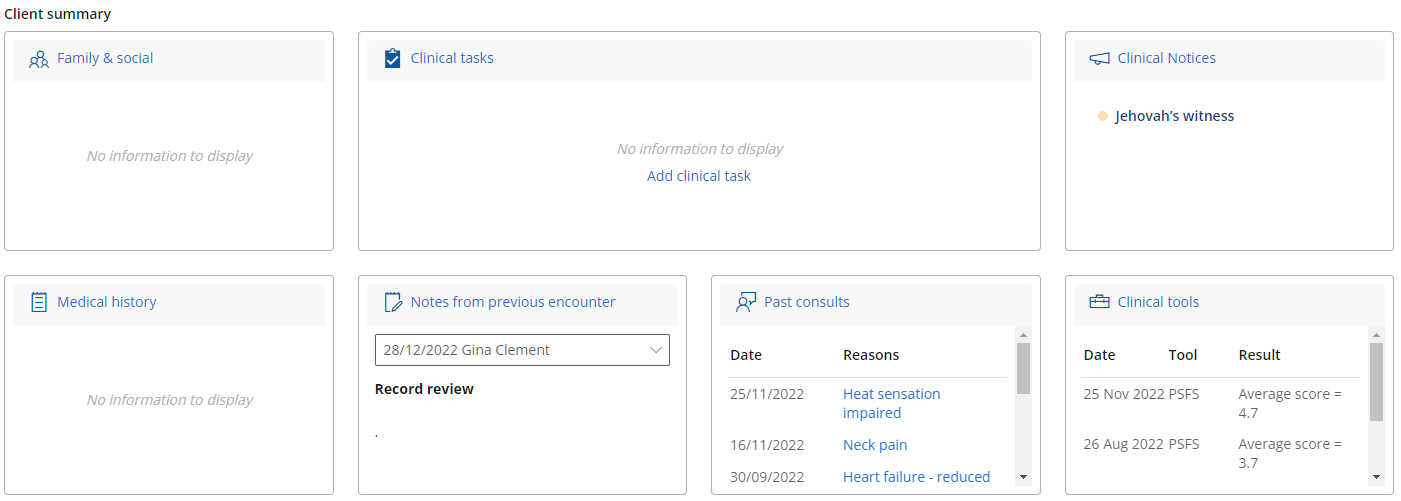 The patient summary shows clinical information about the patient summarised on one screen.