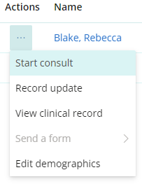 To start a consult from the address book, click the ellipsis next to the Patient or Client's name and select Start consult.