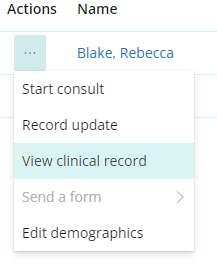 To open a clinical record in read-only mode from the address book, click the ellipsis next to the Patient or Client's name and select View clinical record.