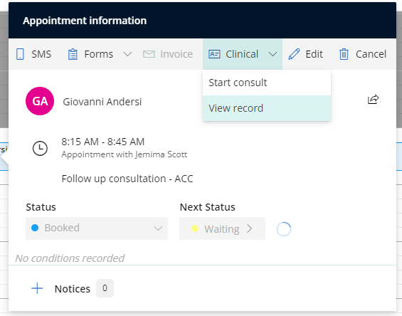 To open a clinical record in read-only mode from the appointment book, click the appointment and select Clinical, then View record.