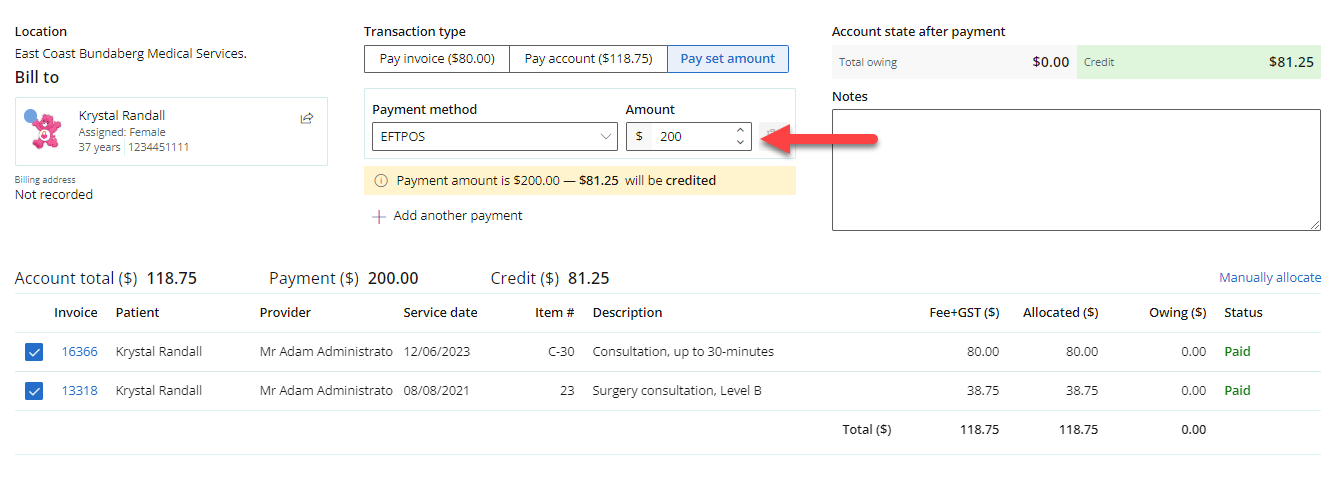 Pay set amount for invoice screen.