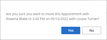 The alert message that appears when attempting to move an appointment.