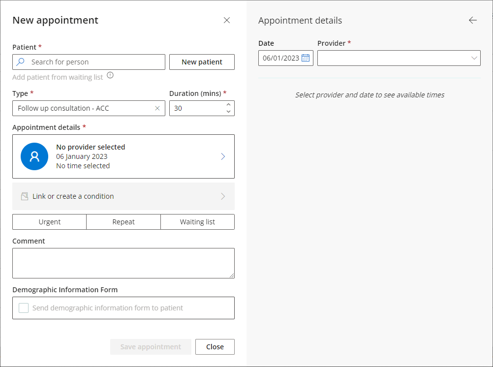 Select a patient, appointment type, link or create a new condition for the patient