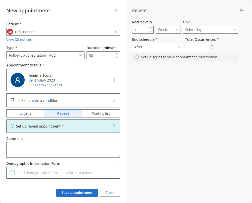 The options for setting up recurring appointments.