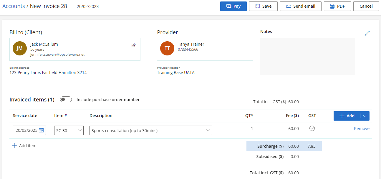 The invoice screen.