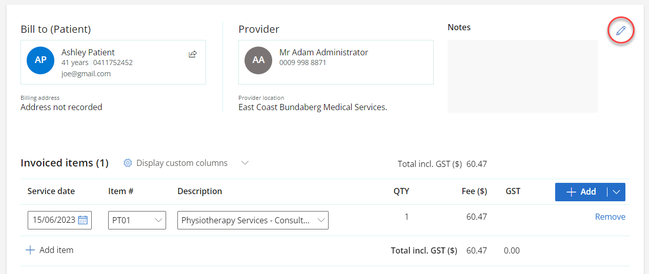 The invoice screen.