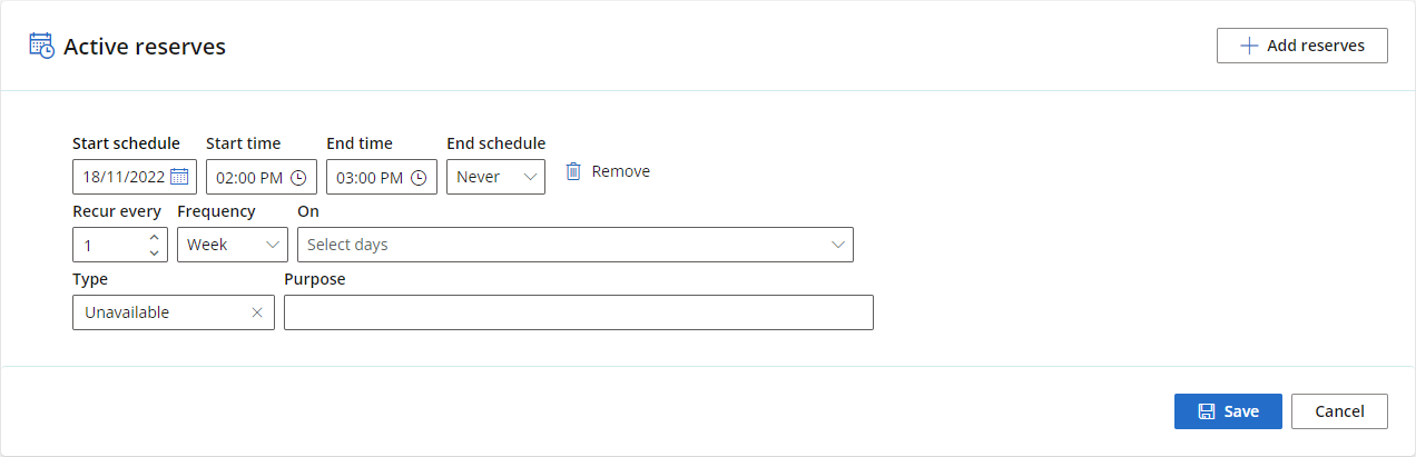 Use the Active reserves screen to configure regular periods during which the provder is not available.