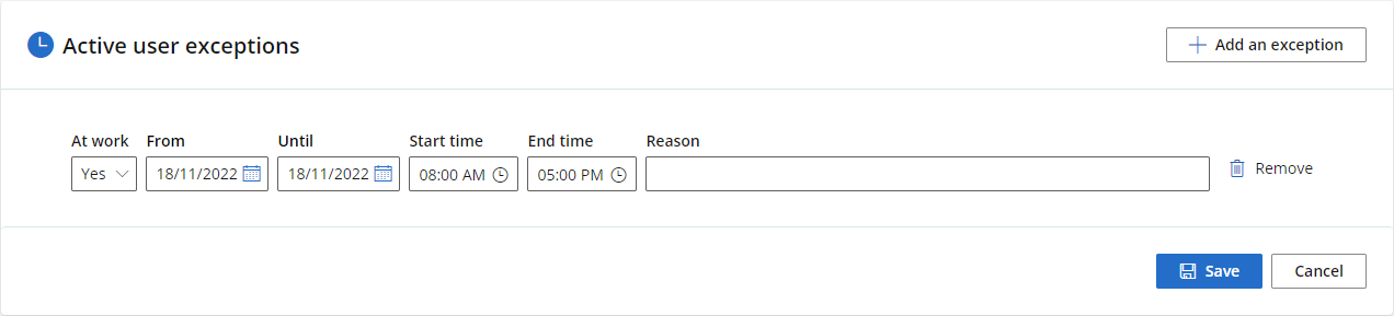 Use the fields in the Active user exceptions section to configure any one-off instances where the provider is not working.