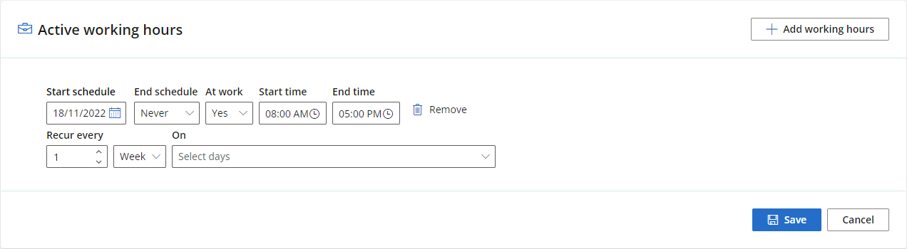 Use the fields in the active working hours section to configure the provider's regular working hours.