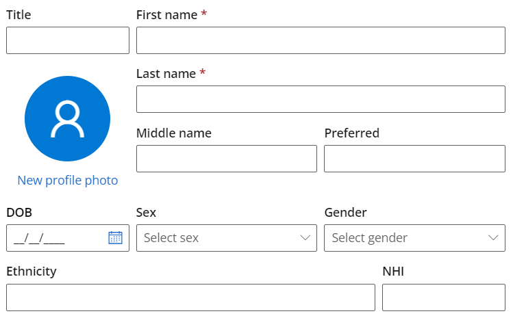 The personal details section of the Patient or Client demographic