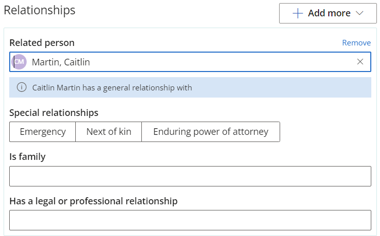 If required, add any relationships the patient has to other contacts, such as next of kin or carers.