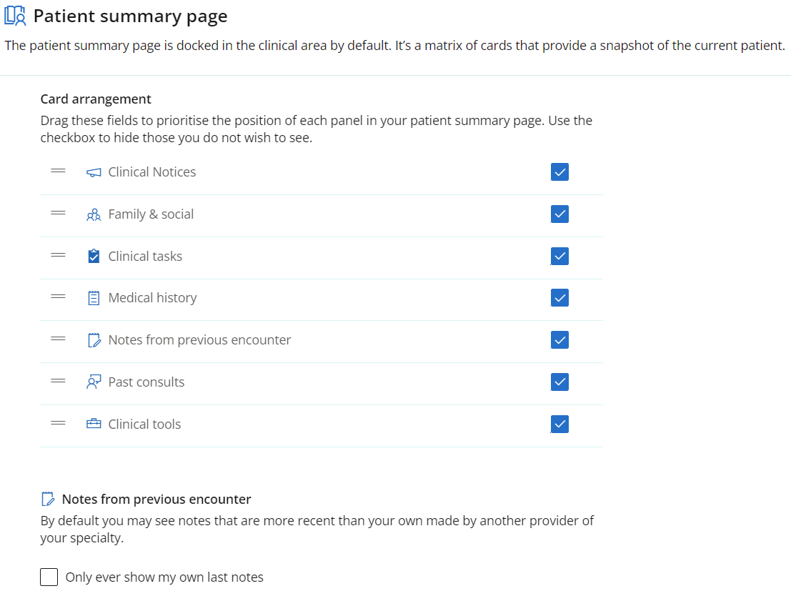 The patient summary page section of the patient profile