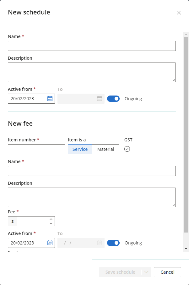 The New fee schedule screen.