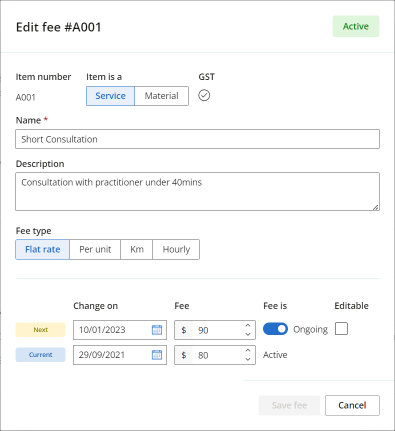 Edit an existing fee and set the fee amount to change on a specific date.